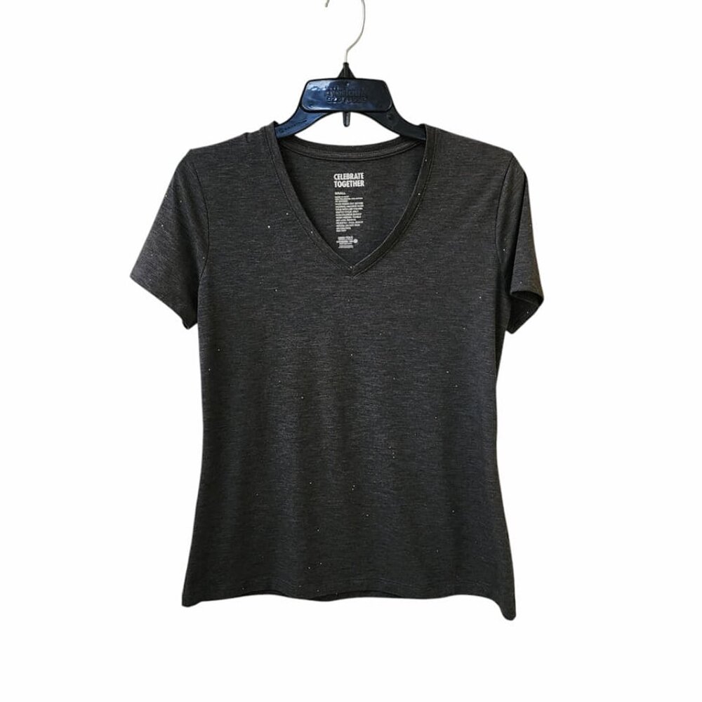 Celebrate Together Grey V-Neck Top With Gold Speckles Women's Small